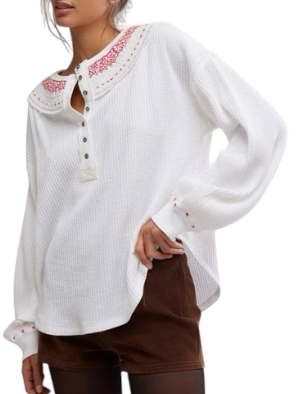 Free People Embroidered Holly Henley Thermal Waffle Knit White HenleyTee size L